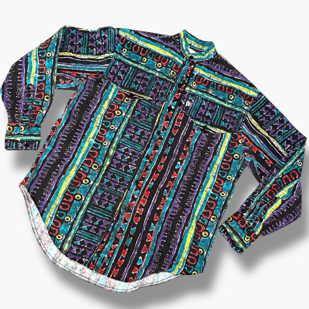 Vtg 90s Tribal Shirt, Vintage Pattern Button Down, Surf Skate Shirt, Southwest M